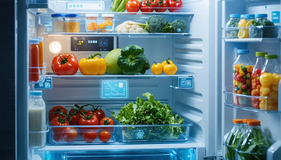 Inside view of smart refrigerator featuring digital organization system and freshness monitoring