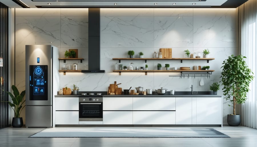 Contemporary kitchen setup with connected smart appliances and digital displays