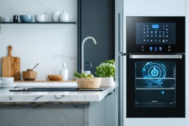 Bright and modern kitchen featuring state-of-the-art smart appliances including a WiFi-enabled oven, smart refrigerator with a digital display, and a smart coffee maker, illustrating seamless technology integration.