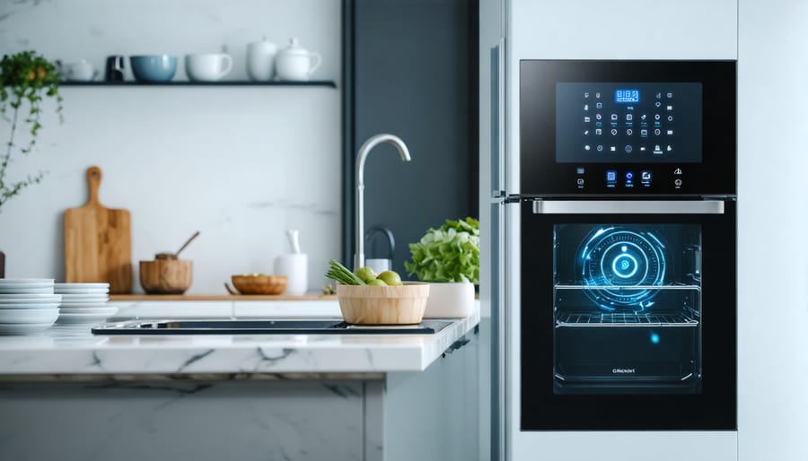 Bright and modern kitchen featuring state-of-the-art smart appliances including a WiFi-enabled oven, smart refrigerator with a digital display, and a smart coffee maker, illustrating seamless technology integration.