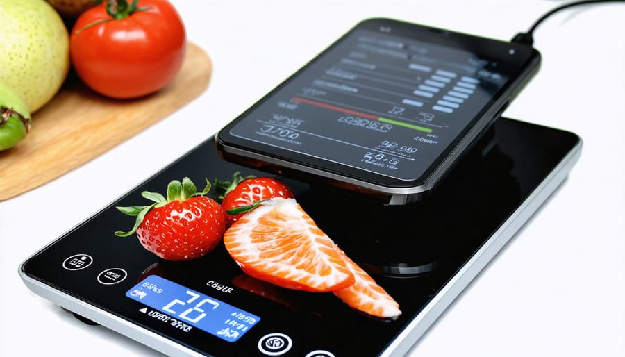 Digital food scale showing real-time nutritional data synchronizing with mobile device