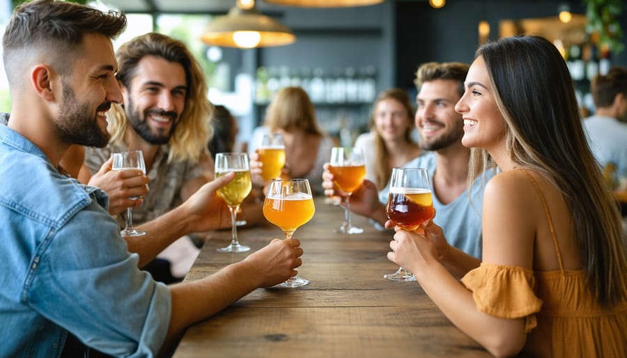 Group of diverse friends socializing with craft non-alcoholic drinks at a contemporary party