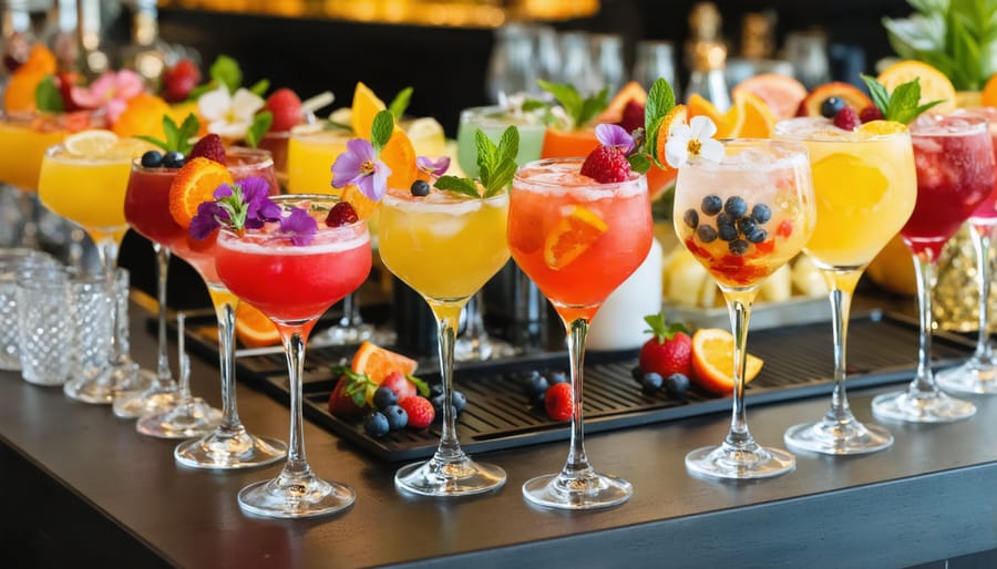 An elegant social setting featuring an assortment of colorful non-alcoholic cocktails garnished with fresh herbs and fruits in premium glassware, encapsulating a modern and sophisticated mocktail bar ambiance.