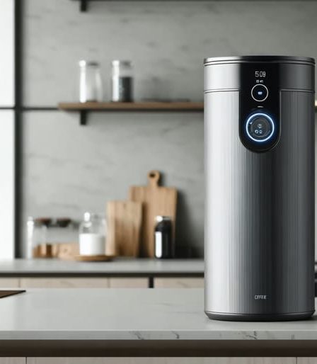 Stylish vacuum-sealed coffee container with digital freshness display on a contemporary kitchen counter.