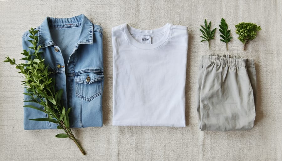 Flat lay of sustainable fashion essentials, including an organic cotton t-shirt, a hemp denim jacket, and linen trousers, on a textured neutral background with eco-friendly elements.