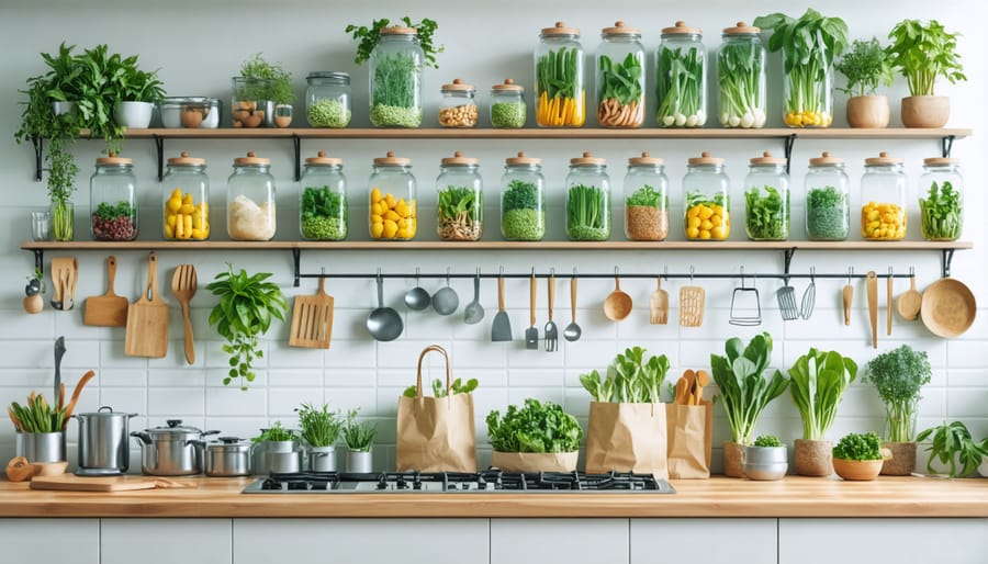 Sustainable kitchen organization featuring reusable storage solutions and eco-friendly cooking tools