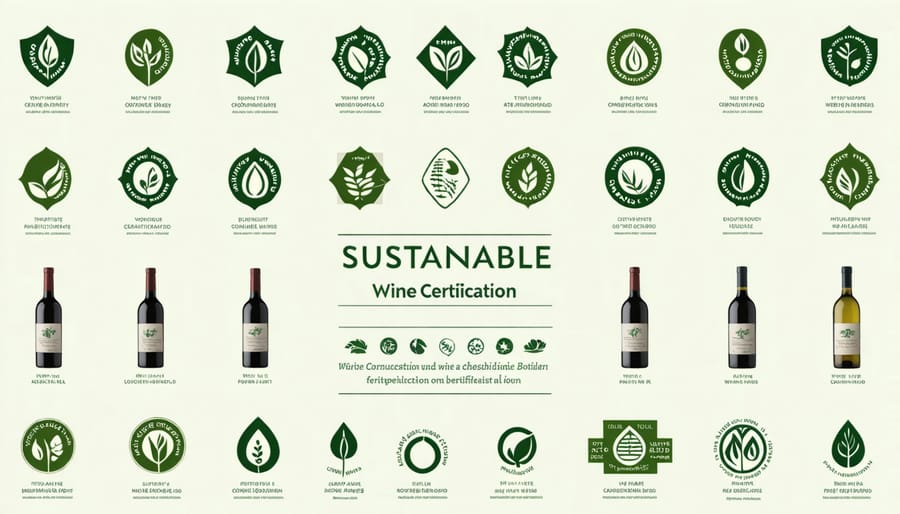 Various sustainable wine certification logos and labels including organic, biodynamic, and sustainable winegrowing seals