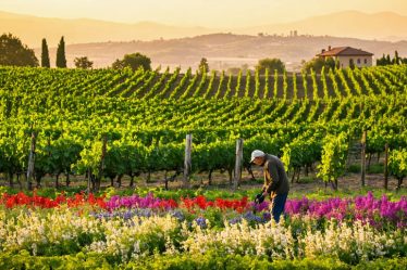 A serene vineyard at sunset showcasing vibrant cover crops and a winemaker nurturing the vines amidst a diverse ecosystem of butterflies and birds.