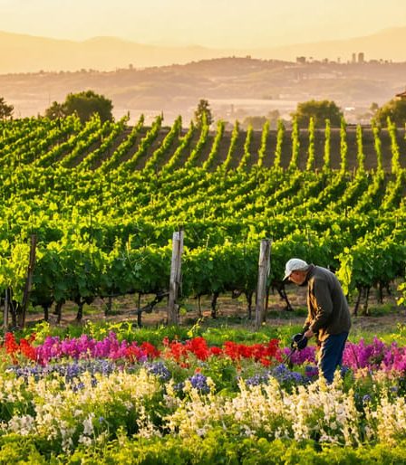 A serene vineyard at sunset showcasing vibrant cover crops and a winemaker nurturing the vines amidst a diverse ecosystem of butterflies and birds.