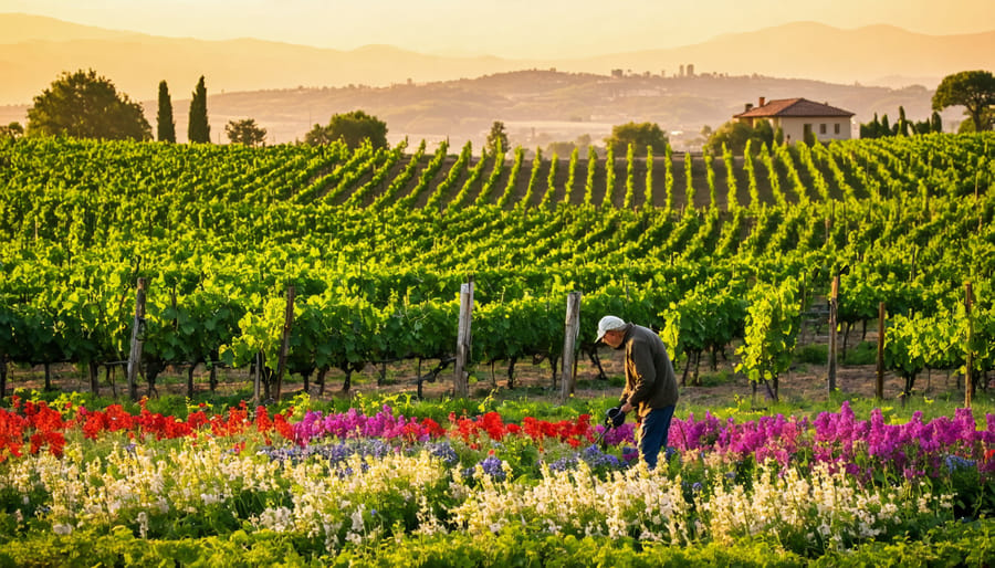 A serene vineyard at sunset showcasing vibrant cover crops and a winemaker nurturing the vines amidst a diverse ecosystem of butterflies and birds.