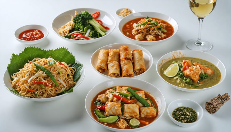 Vibrant Thai food spread with spicy dishes paired with a glass of dry Riesling