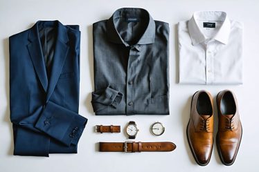 Overhead view of essential timeless menswear pieces including a navy blazer, charcoal suit, white dress shirt, leather belt, chronograph watch, and leather dress shoes on a neutral background, showcasing classic and sophisticated style.