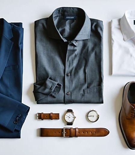 Overhead view of essential timeless menswear pieces including a navy blazer, charcoal suit, white dress shirt, leather belt, chronograph watch, and leather dress shoes on a neutral background, showcasing classic and sophisticated style.