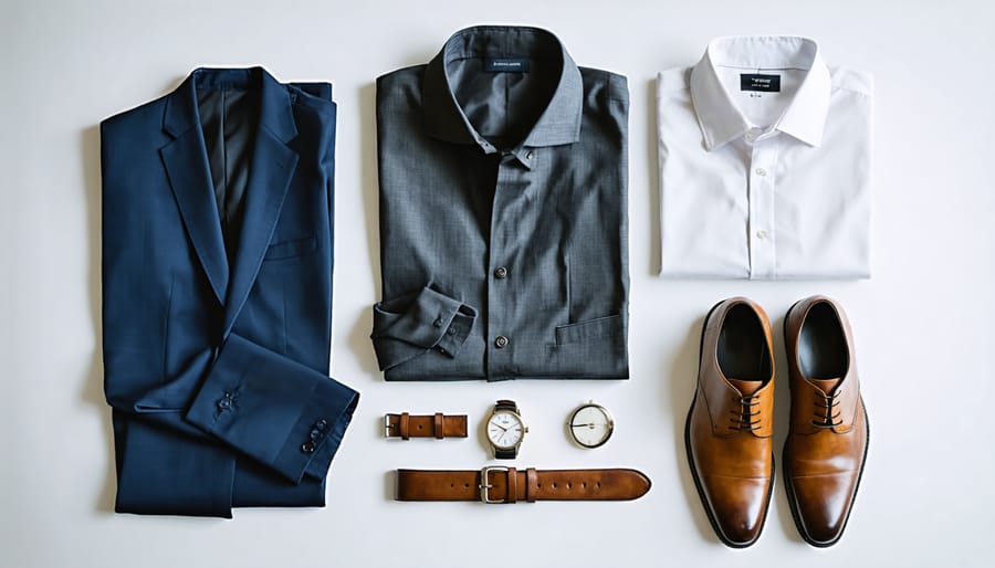 Overhead view of essential timeless menswear pieces including a navy blazer, charcoal suit, white dress shirt, leather belt, chronograph watch, and leather dress shoes on a neutral background, showcasing classic and sophisticated style.