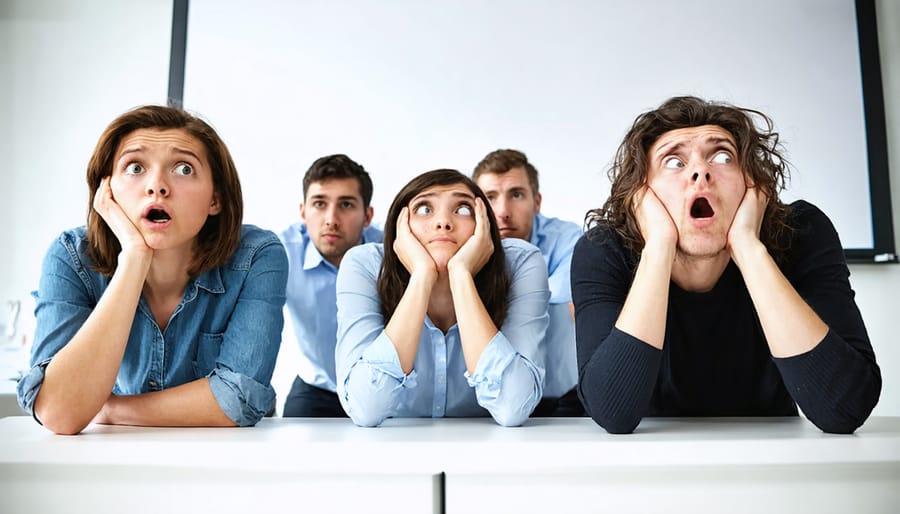 Disengaged employees sitting in a dimly lit conference room during a traditional training session