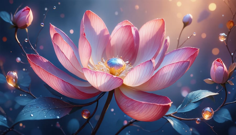 A conceptual illustration of a flower with six petals, each petal symbolizing a different dimension of intimacy, highlighting the interconnectedness and strength they provide to a relationship.