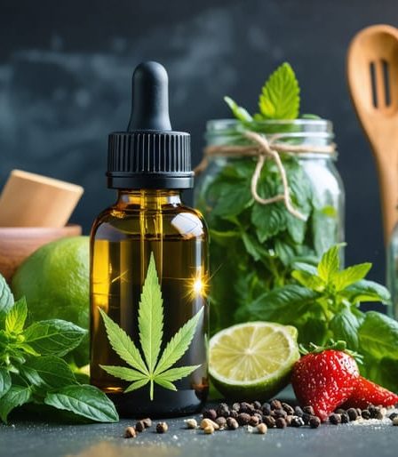 A glass bottle of CBD oil prominently displayed among colorful culinary ingredients, illustrating the blend of wellness and flavor in cooking.