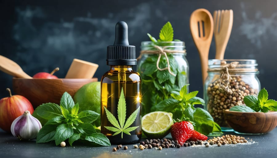 A glass bottle of CBD oil prominently displayed among colorful culinary ingredients, illustrating the blend of wellness and flavor in cooking.