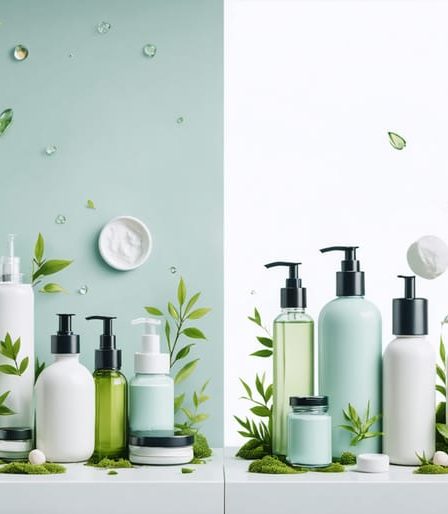 Conceptual image of a vanity split into two halves, one cluttered with plastic beauty products and the other showcasing sustainable beauty items like bamboo containers and glass bottles, representing the transition to eco-friendly beauty.