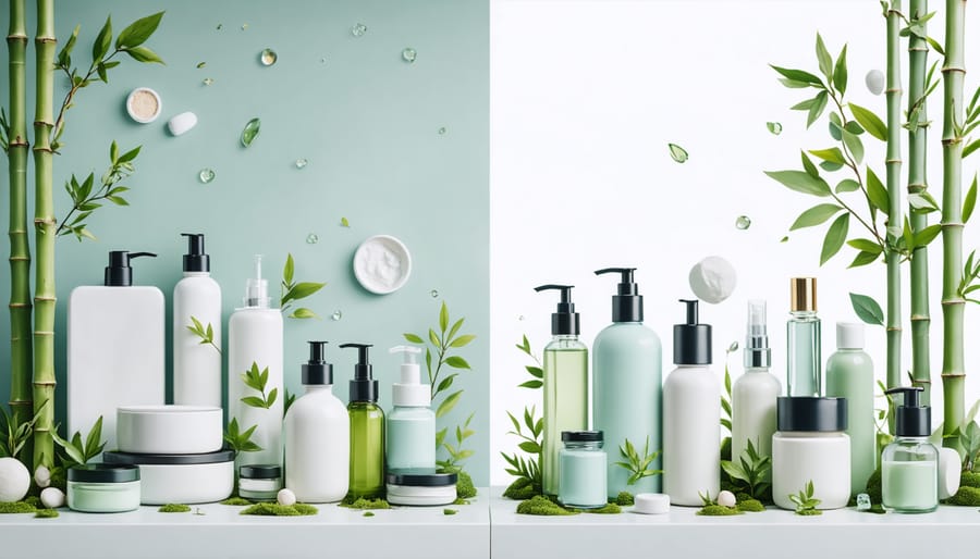 Conceptual image of a vanity split into two halves, one cluttered with plastic beauty products and the other showcasing sustainable beauty items like bamboo containers and glass bottles, representing the transition to eco-friendly beauty.