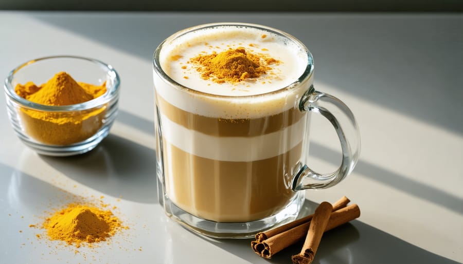 Steaming golden turmeric latte with a decorative latte art pattern and dusting of spices