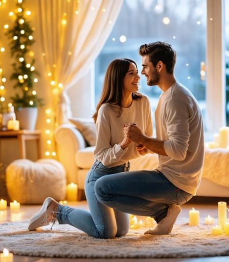 Man on one knee proposing to woman in a warmly decorated living room with fairy lights and candles, capturing an intimate and heartfelt moment.