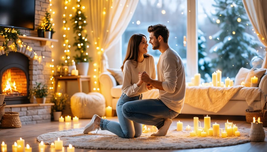 Man on one knee proposing to woman in a warmly decorated living room with fairy lights and candles, capturing an intimate and heartfelt moment.