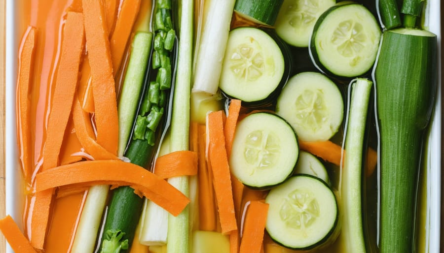 Step-by-step transformation of vegetable scraps into a golden broth