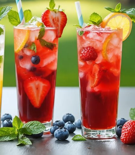 An array of colorful mocktails, including a Virgin Mojito Sparkler and Berry Basil Fizz, beautifully garnished with mint, berries, and citrus slices. The drinks are set on an elegantly styled garden party table, showcasing the vibrancy and sophistication of non-alcoholic beverages.