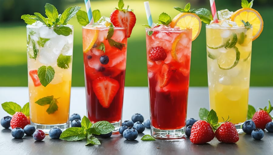 An array of colorful mocktails, including a Virgin Mojito Sparkler and Berry Basil Fizz, beautifully garnished with mint, berries, and citrus slices. The drinks are set on an elegantly styled garden party table, showcasing the vibrancy and sophistication of non-alcoholic beverages.