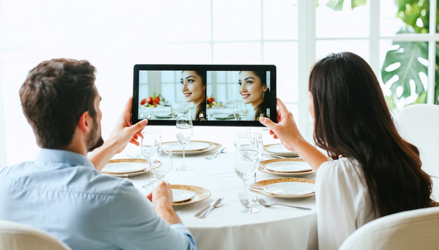 Two people enjoying a romantic virtual dinner date through tablet screens