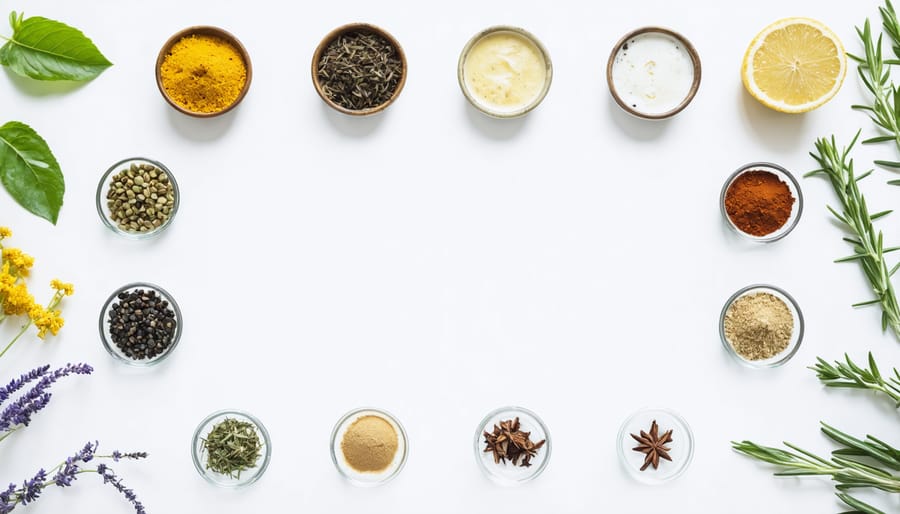 Flat lay of functional beverage ingredients including mushroom powders, herbs, and botanical extracts