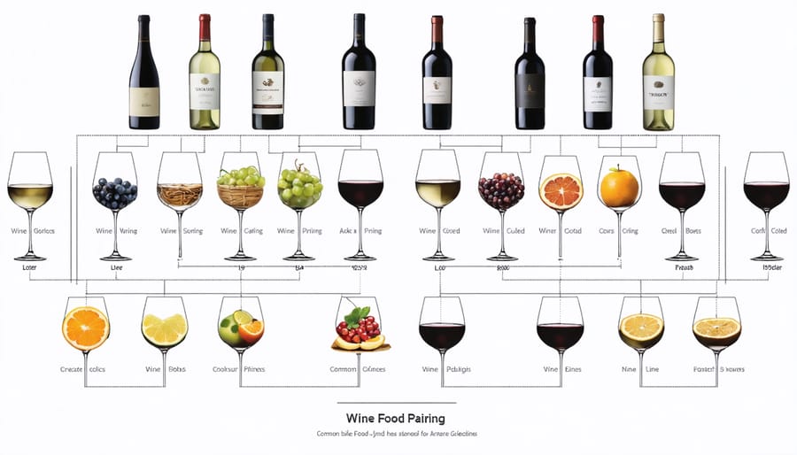 Infographic showing wine and food pairing combinations with visual connections between complementary items