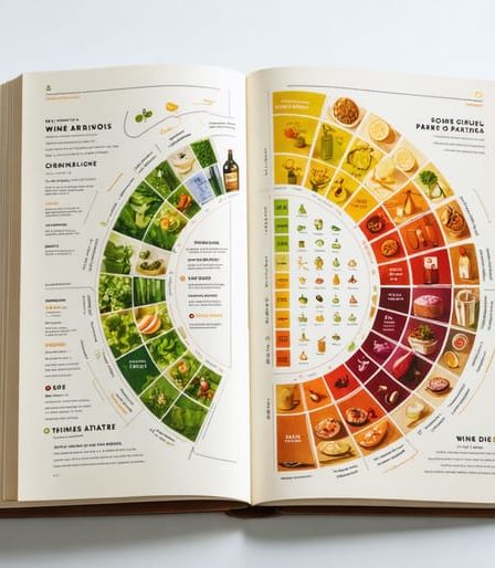 A conceptual image of an open wine and food pairing guidebook displaying a colorful wheel chart, surrounded by a wine glass, corkscrew, and a plate of artisan cheese and grapes.