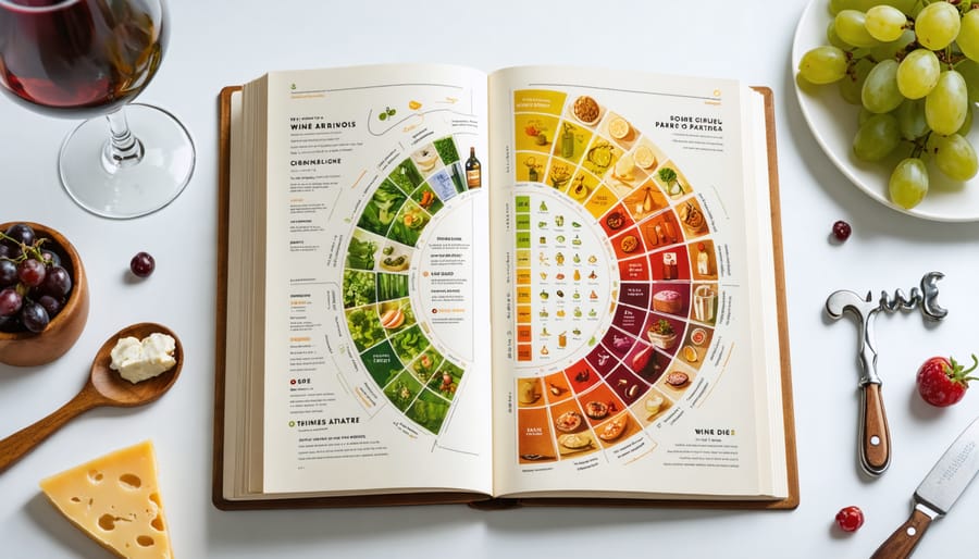 A conceptual image of an open wine and food pairing guidebook displaying a colorful wheel chart, surrounded by a wine glass, corkscrew, and a plate of artisan cheese and grapes.