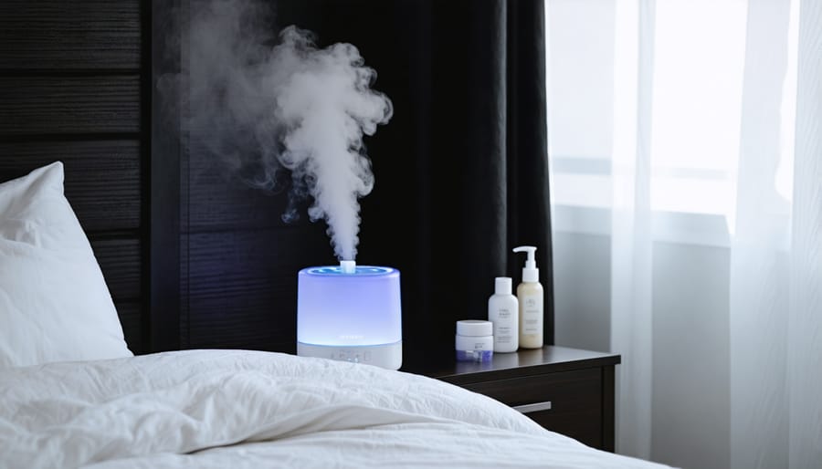 Bedroom setup showing humidifier and nighttime skincare routine elements