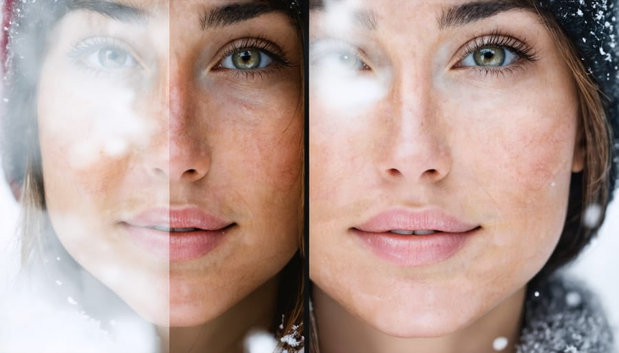 Before and after comparison of winter-affected skin showing the impact of proper skincare