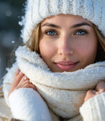 Women with healthy skin standing between a winter landscape and a cozy indoor setting, symbolizing the balance of protective skincare routines against harsh winter elements.