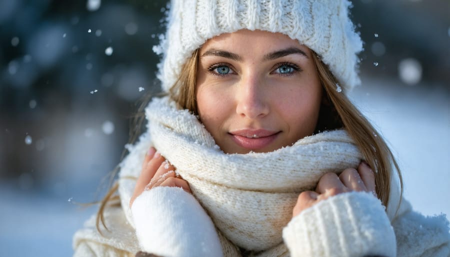 Women with healthy skin standing between a winter landscape and a cozy indoor setting, symbolizing the balance of protective skincare routines against harsh winter elements.