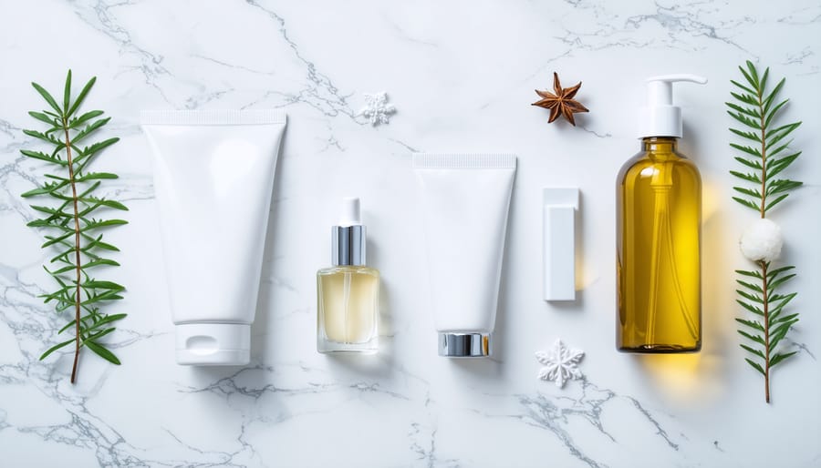 Collection of dermatologist-recommended winter skincare products arranged on marble surface