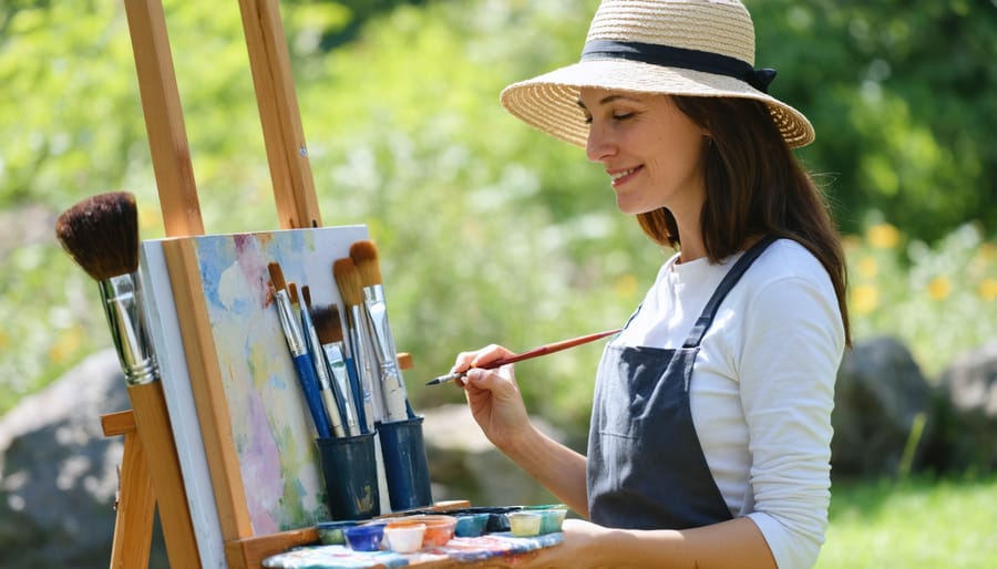 Female participant creating artwork during an outdoor painting workshop