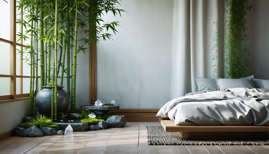 Peaceful bedroom sanctuary with natural zen elements and morning light