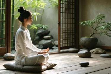 A woman seated on a meditation cushion in a serene living space, surrounded by natural elements, embodying balance and tranquility with soft natural light.