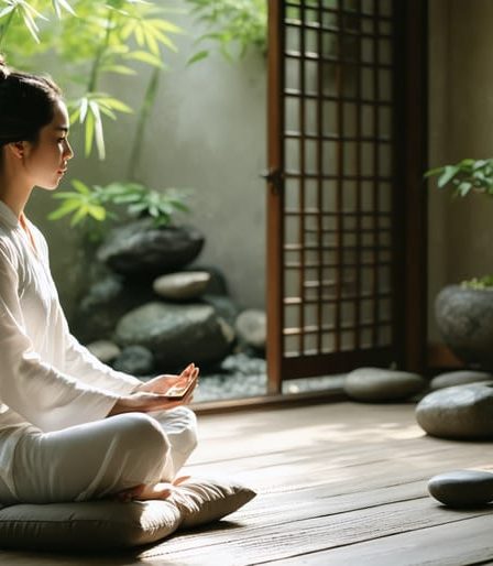 A woman seated on a meditation cushion in a serene living space, surrounded by natural elements, embodying balance and tranquility with soft natural light.