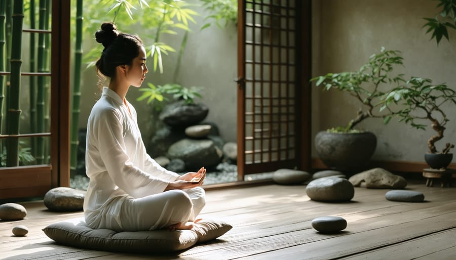 A woman seated on a meditation cushion in a serene living space, surrounded by natural elements, embodying balance and tranquility with soft natural light.