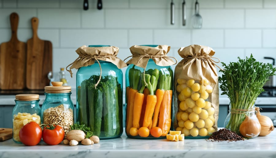 Sustainable kitchen storage solutions including glass containers and eco-friendly food wraps