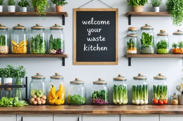 A modern zero-waste kitchen displaying glass jars filled with grains, fresh produce in mesh bags, and organized glass containers, promoting sustainable living with a compost bin and thriving plants.