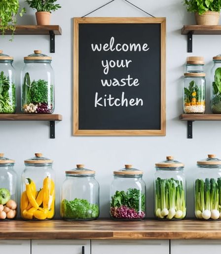 A modern zero-waste kitchen displaying glass jars filled with grains, fresh produce in mesh bags, and organized glass containers, promoting sustainable living with a compost bin and thriving plants.