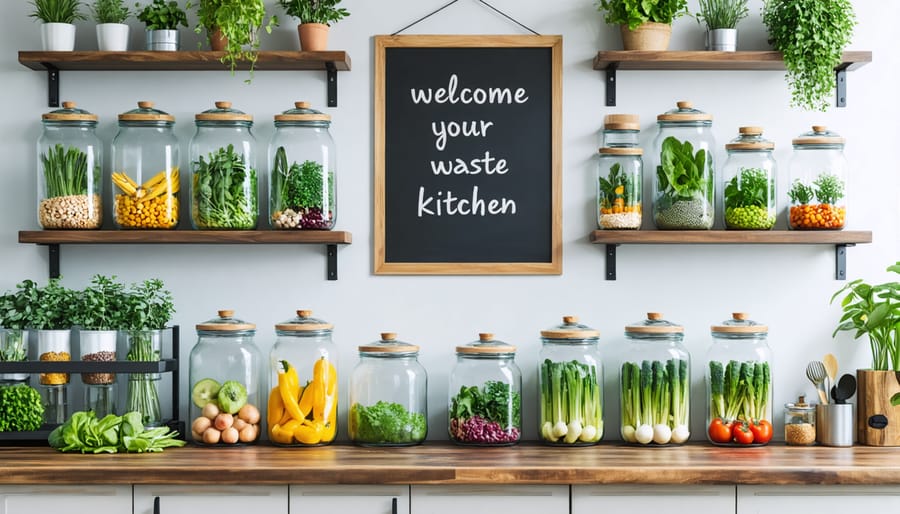 A modern zero-waste kitchen displaying glass jars filled with grains, fresh produce in mesh bags, and organized glass containers, promoting sustainable living with a compost bin and thriving plants.