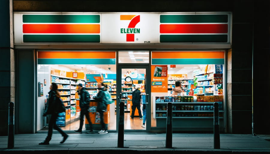 "A brightly lit 7-Eleven store at night, showcasing the convenient corner location with customers entering to shop."